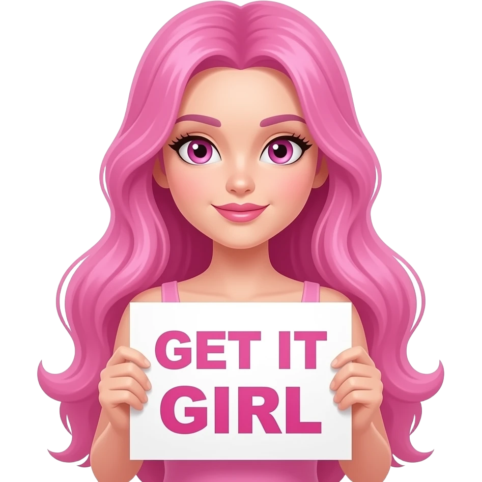 sexy girl with long pink hair and pink eyes wearing a dress holding a GET IT GIRL sign emoji