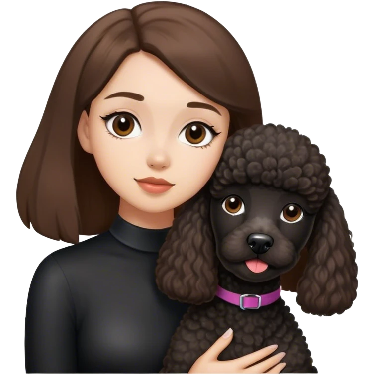 a white girl with straight brown hair and a black french poodle dog emoji