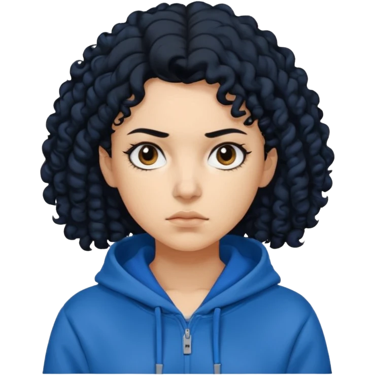 A woman with curly black hair, wearing a blue-black hoodie, and a slightly serious expression on her face. emoji