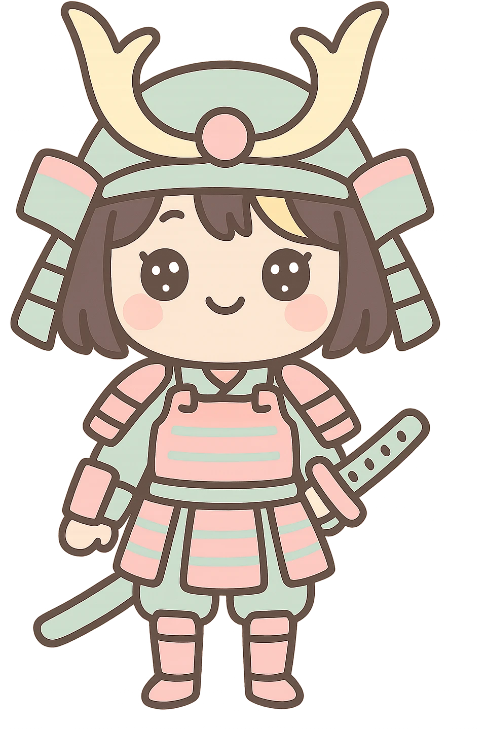 kawaii samurai girl with short hair and one streak of blonde in her hair, smiling, wearing traditional samurai armor, big eyes, soft colors emoji