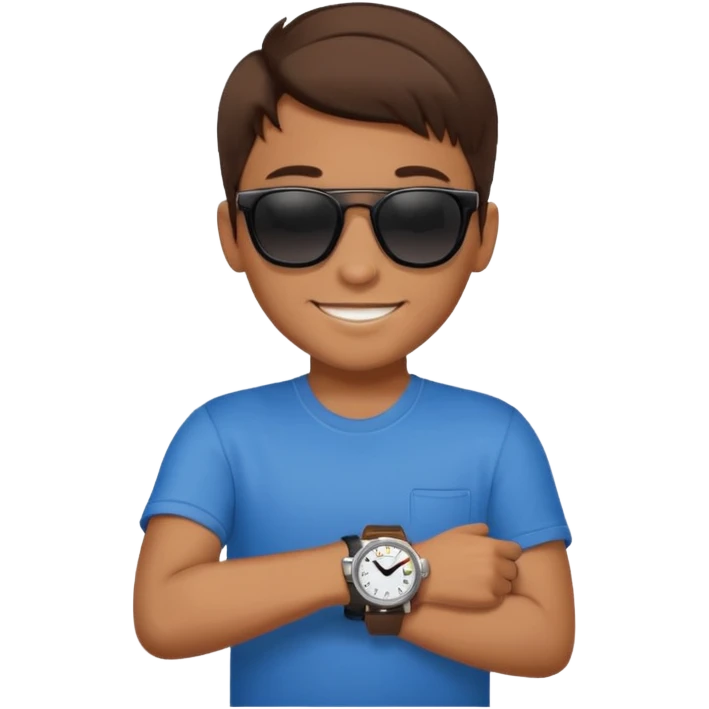 Un niño con pelo lacio color castaño,con lentes de sol negros y un reloj en la mano emoji