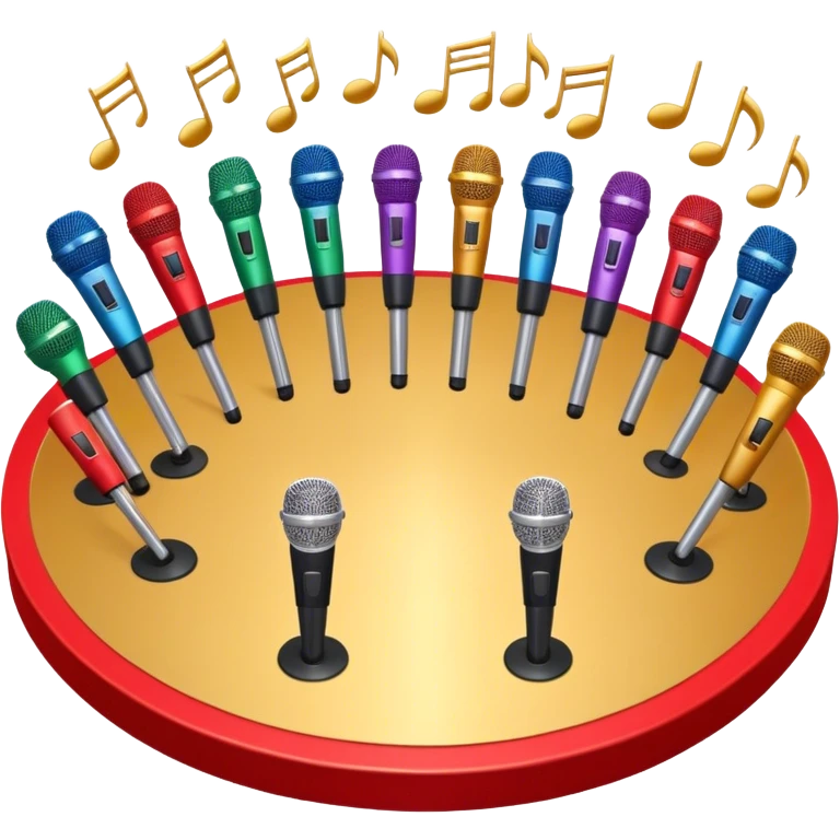 Create a vibrant and dynamic emoji that represents choral or pop vocal performance. The design should feature 10 stage microphones arranged in a semi-circle on a concert stage, symbolizing a vocal group or choir. Add musical notes flowing around the microphones to represent harmony and unity in the performance. Include concert lighting and a celebratory atmosphere to convey the excitement of live music. Use bright, bold colors like red, gold, and silver to emphasize the energy and glamour of the stage. The background should be transparent. emoji