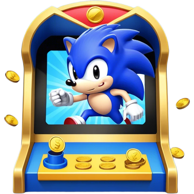 An icon showing a retro arcade screen with pixelated characters like a speedy hedgehog Sonic jumping and collecting coins. The game environment includes obstacles, power-ups, and vibrant colors, evoking the excitement and nostalgia of classic arcade games. transparent background. emoji