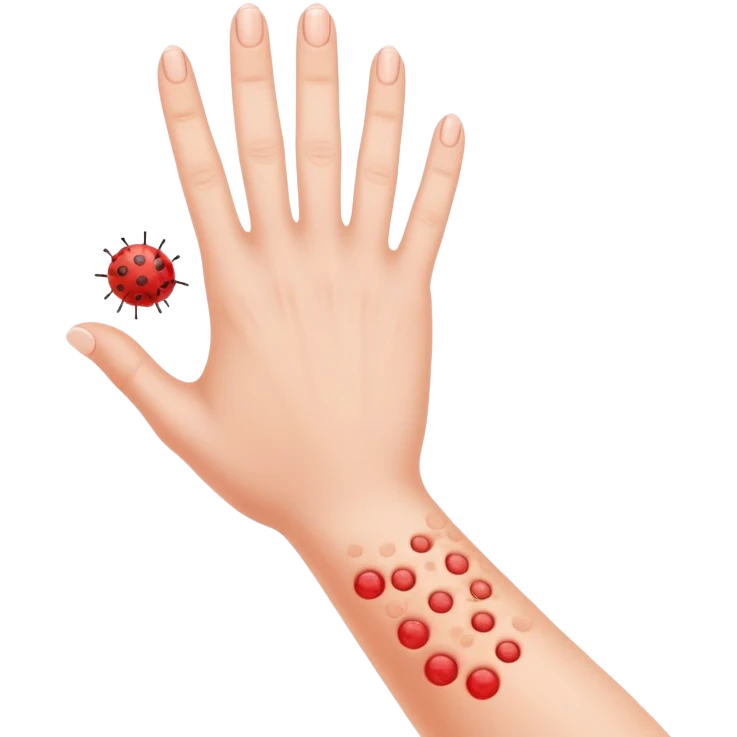 Allergy skin prick test on forearm with small red bumps showing reactions to different allergens, with 5 fingers of the hand visible emoji
