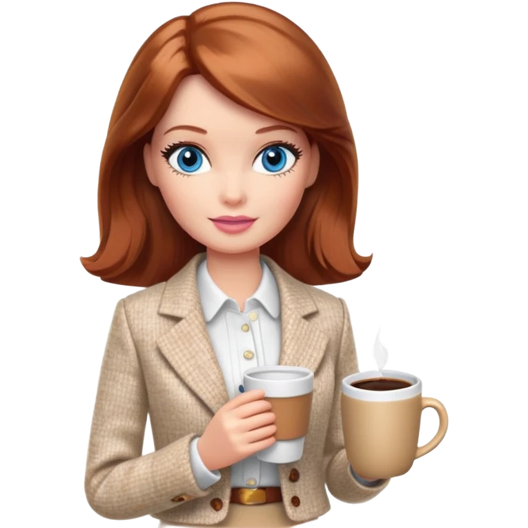 A Barbie girl with blue eyes, shoulder-length reddish-brown hair, made-up, wearing a white tweed jacket and a beige skirt, is sitting at a table with a cup of coffee in her hands emoji