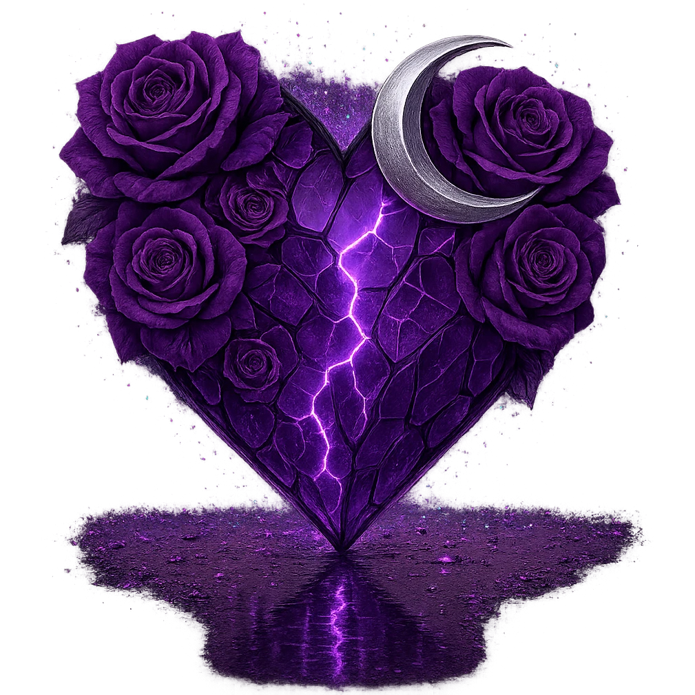 Edit the gothic heart to be formed from splintered deep purple glass, a silver crescent moon, purple roses, sparkling holographic stardust, neon lightning, and a wet, reflective surface. Keep the background transparent. The style should reflect a detailed and vibrant gothic aesthetic with emphasis on the glass texture and reflective wet surface. emoji