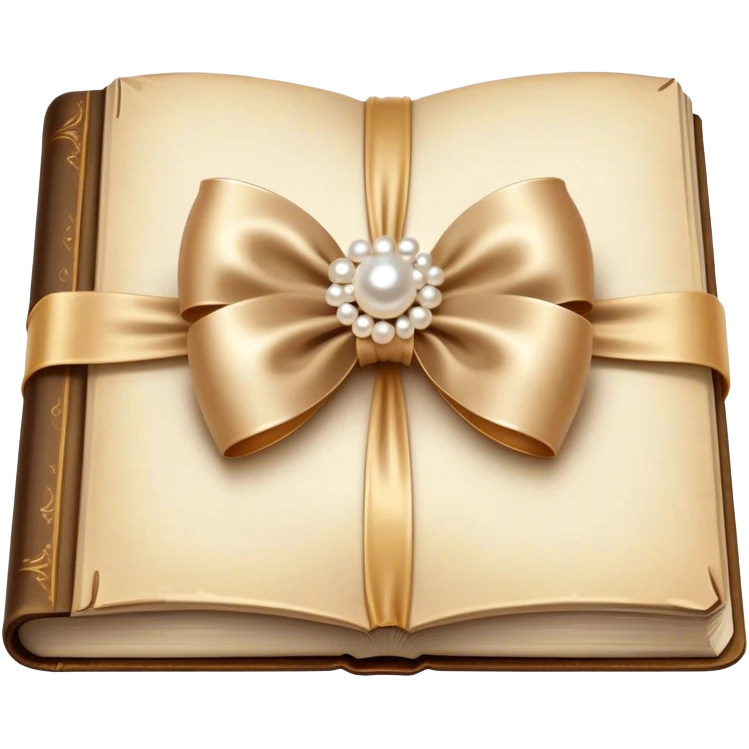 A silky champagne-colored bow resting atop an aged book with golden-brown pages, surrounded by scattered pearls.
 emoji