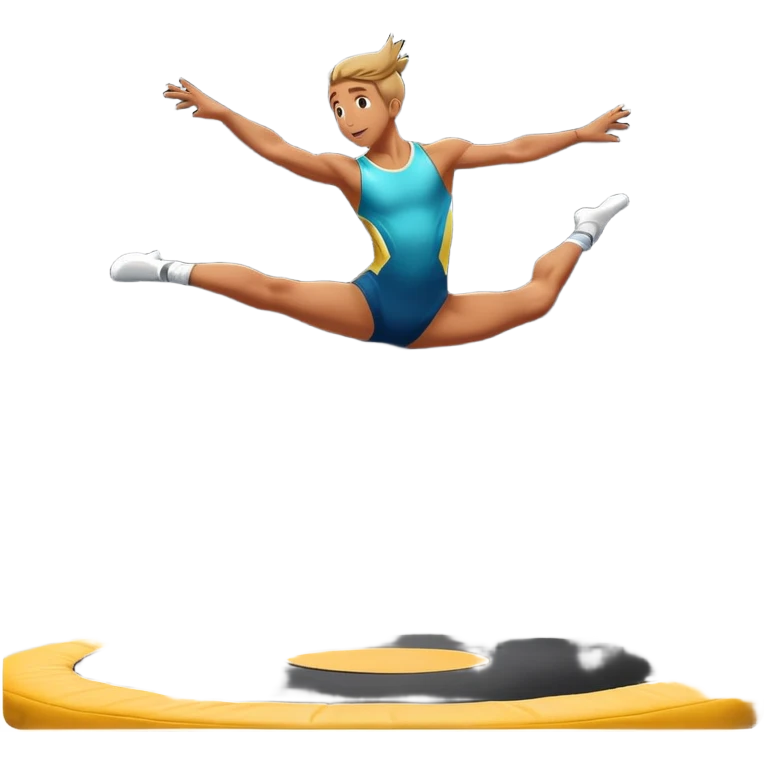 An athletic person soaring high above a trampoline, executing an acrobatic flip with perfect form. The scene captures motion and energy, with a dynamic pose, stretched limbs, and a focused expression. The background suggests a professional trampoline arena with safety padding. emoji