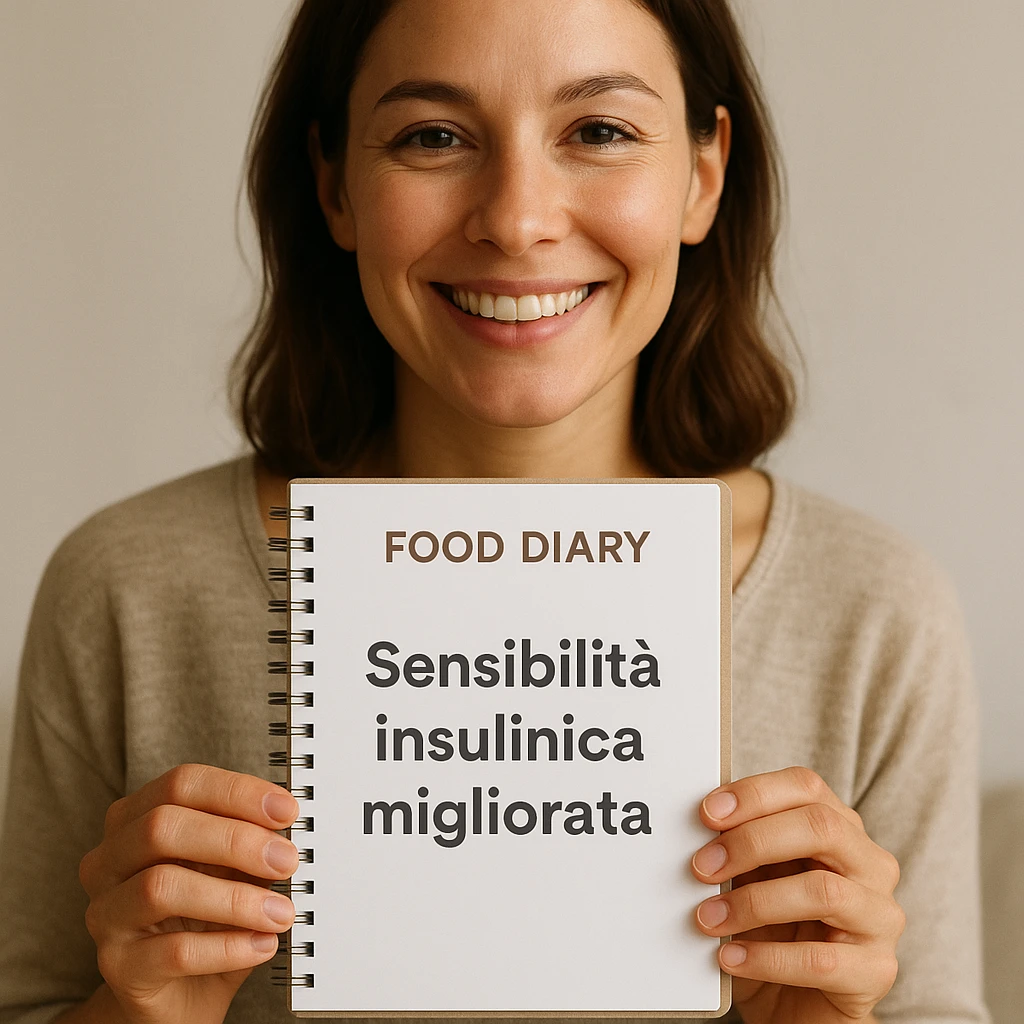 close-up of a smiling woman holding a food diary with Italian text 'Sensibilità insulinica migliorata', neutral background, wellness atmosphere, 4K quality emoji