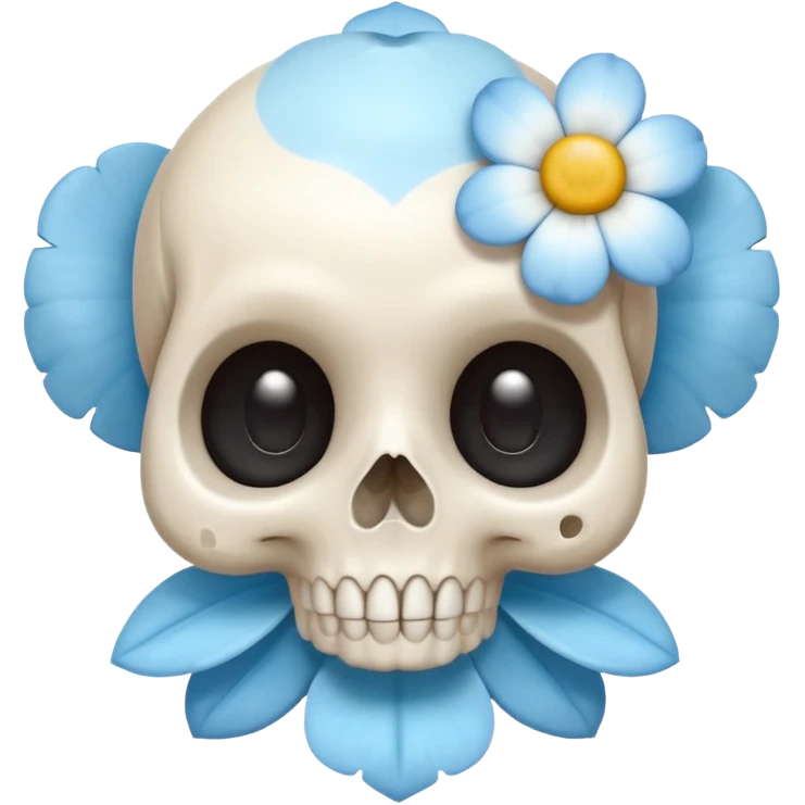 super cute skull holding a tiny flower, big eyes, soft pastel blue and white colors, smiling emoji