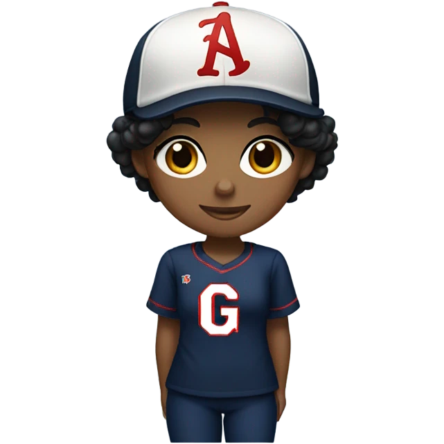 Black long hair girl wearing navy ballcap emblazoned with a red G initial and wearing baseball uniform emoji
