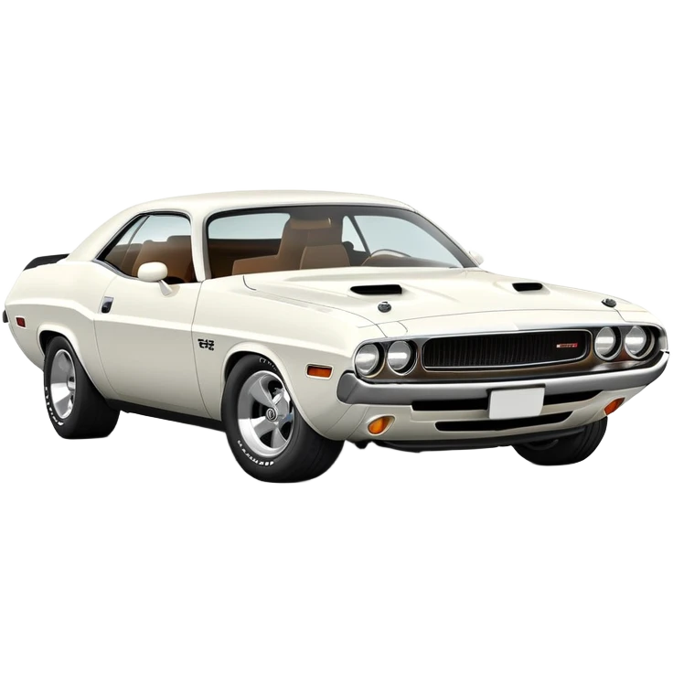 White 1971 Dodge Challenger with consistent proportions, accurate three-quarter view at 30 degrees, showing front grille, headlights and side profile in correct perspective, all white, iOS emoji style emoji