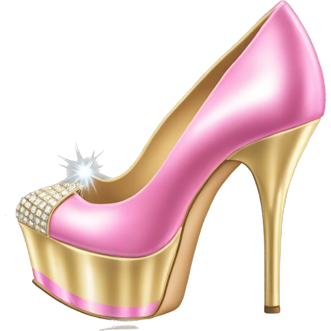 Realistic isolated top view of a pair of metallic light gold and metallic light bubblegum pink pointed toe high heel shoes with diamonds on the top of the toes. emoji