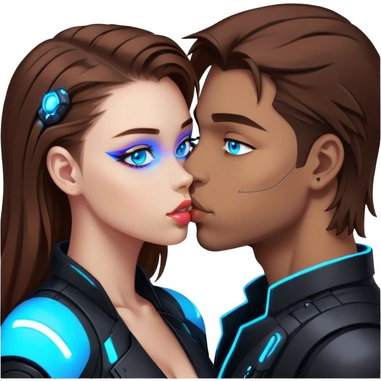 Neon cyberpunk style 
girl with brown hair and blue eyes kiss man emoji