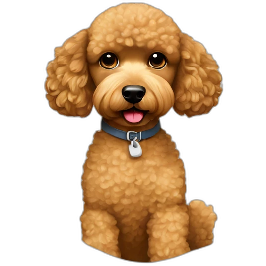 Light brown poodle seated and wearing a t-shirt with Eddie Vedde’s face printed emoji