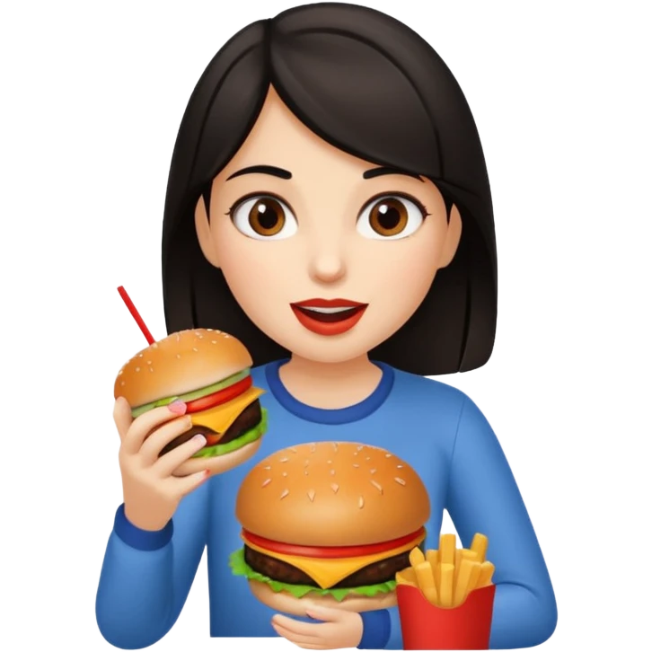 Dark haired girl eating lots of unhealthy food  emoji