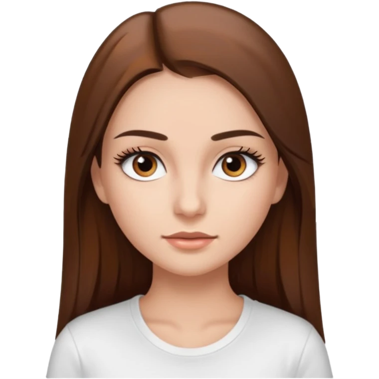 Chica de pelo liso ,largo clean look  y marrón con ojos color marrón  y una camiseta blanca y la piel blanca con pestañas y maquillada clean look  emoji