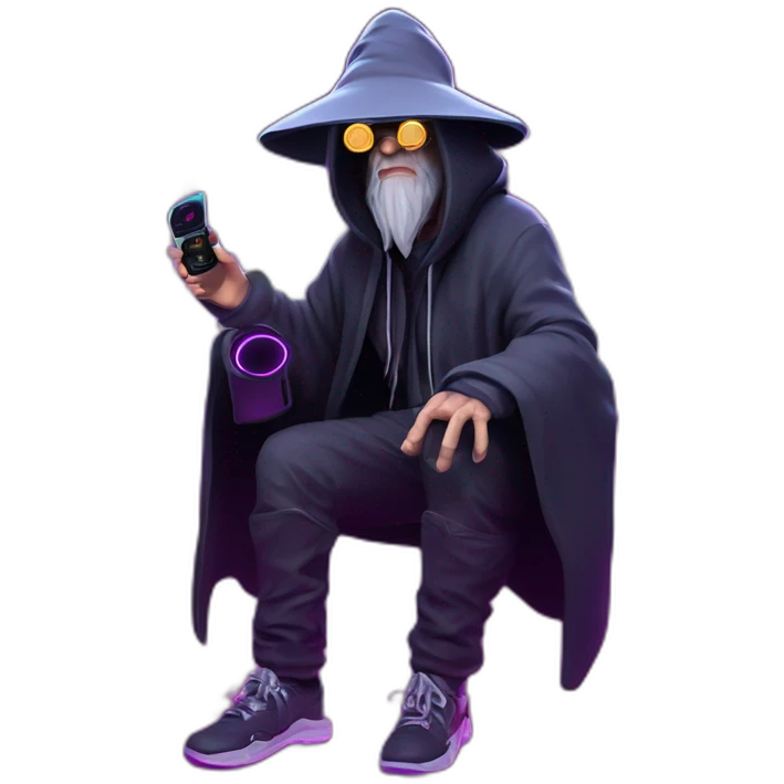 Gandalf wearing a black hoodie with "OMG" letters on it and VR headset in a cyberpunk VR environment with violet neon lighting. emoji