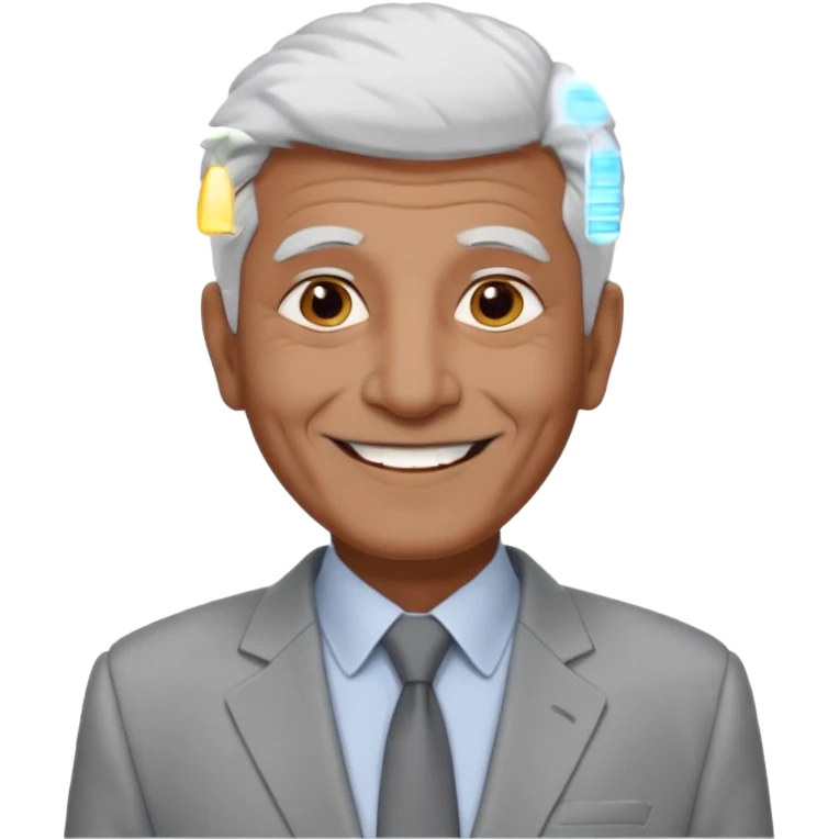 70 yr old man, very short spike white hair, pakistani, light grey business suit, big smile, dark skin, no facial hair
 emoji