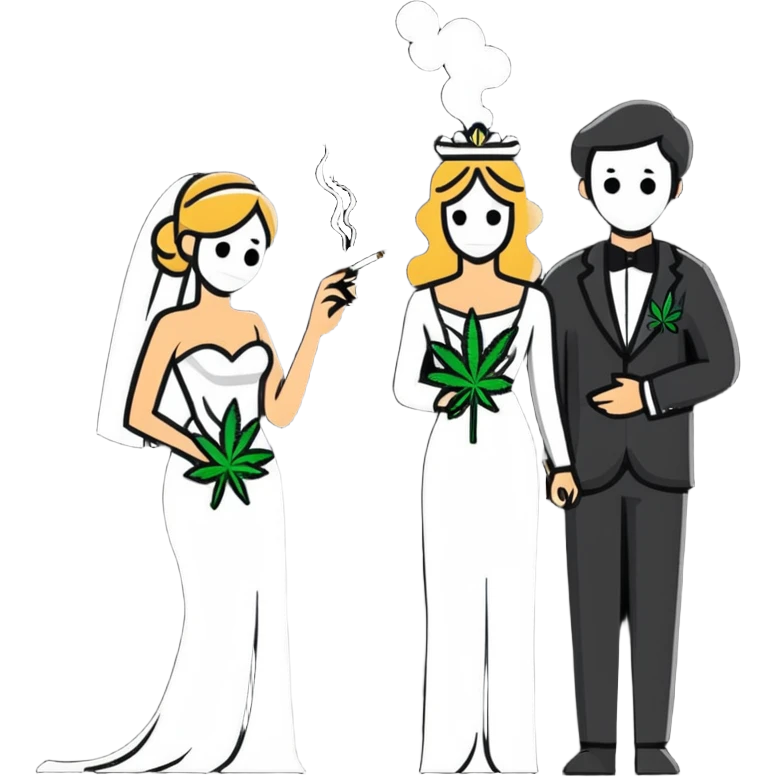 Person in fancy clothes sneaking into wedding ceremony smoking cannabis, full body emoji