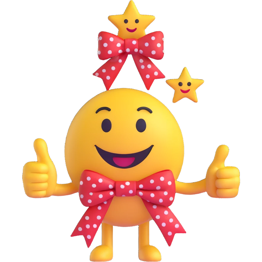 3D smiley emoji with big eyelashes, red polka dot bow, thumbs up with star and musical note emoji