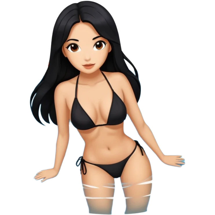 long black hair tanned woman, black bikini, in koi fish pond emoji