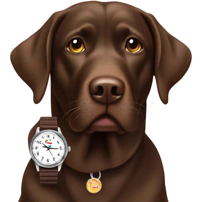 Chocolate lab looking at watch on wrist emoji