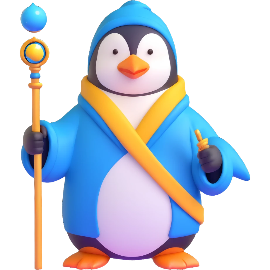 penguin wizard with blue robe and magic staff emoji