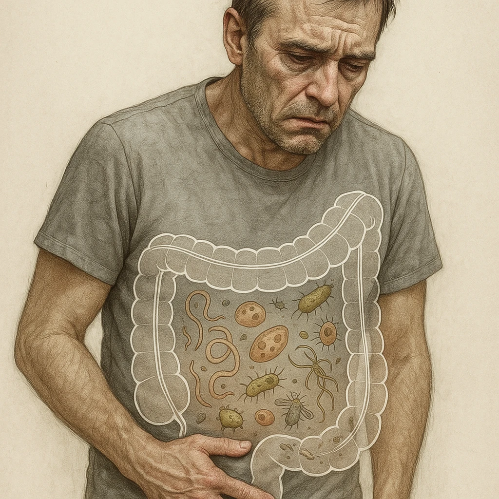 Realistic style with medical elements of a middle-aged man, tired and tense face, hand on lower abdomen, sunken eyes, dull skin. Transparent illustrations on the abdomen of parasites and bacteria in imbalance, schematic intestine as in a medical study. emoji