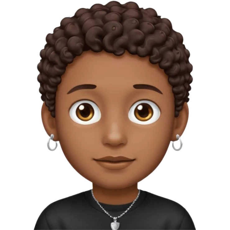 a boy emoji with a milk chocolate skin color, short dark brown curly hair with 2 silver stud earrings on both ears and 2 slits on each eyebrow and is wearing a black shirt with a silver necklace  emoji