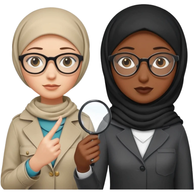 one white woman with hijab and glasses detective + one black woman without hijab and glasses detective  hand lens in one hand, hat etc emoji