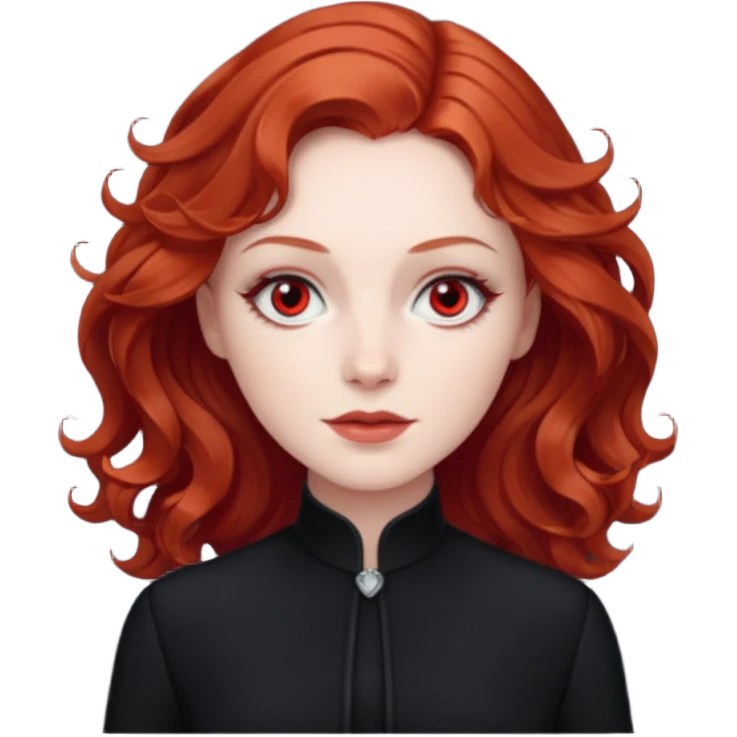 Julia Grant from Summer of Fear with medium red wavy hair, black outfit, white and red eyes emoji