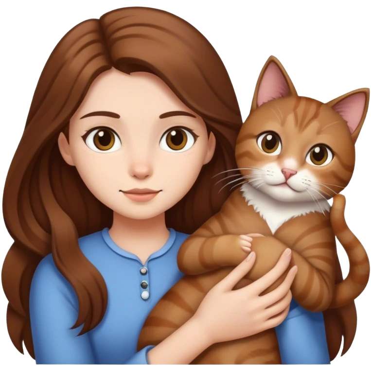 Girl with long brown hair holding a cat emoji