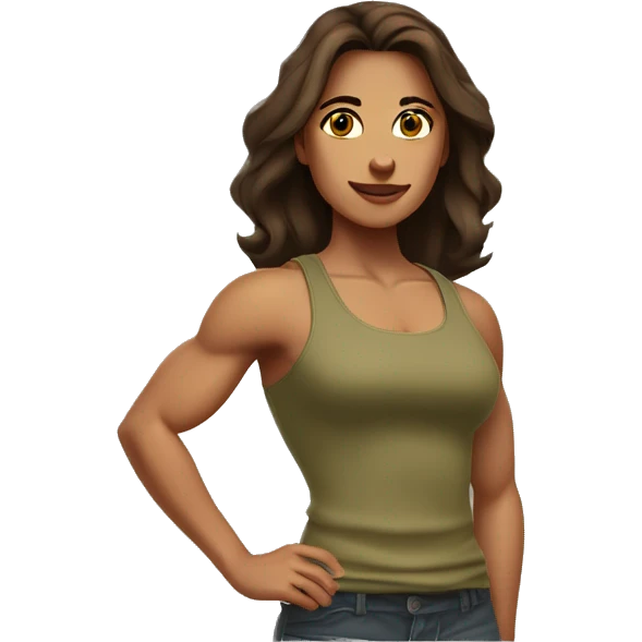 A muscular woman with long, smooth brown hair and brown eyes and bright skin, showing off her arm muscles, wearing a khaki tank top  emoji