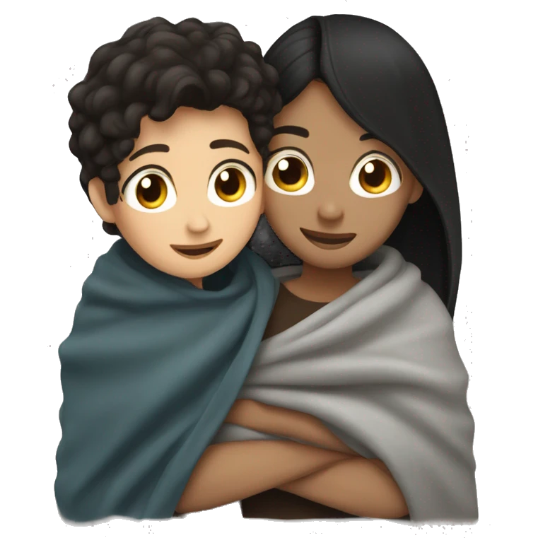 Boy whit brown hair cuddling with girl with black hair Under blanket  emoji