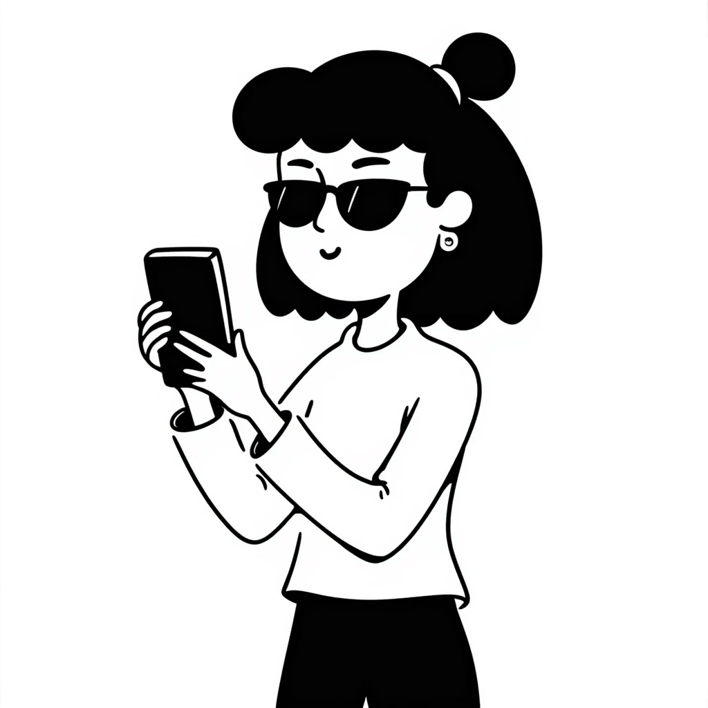 Girl with huge lips, sunglasses, bow on her hair, holding a phone with attitude emoji