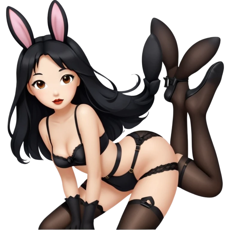 Beautiful Asian woman with full lips, long black hair and brown eyes, intimate, sfw black nylon stocking black bunny ears and black garter belt pose, playboy sfw emoji