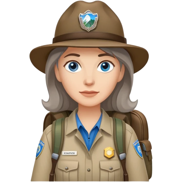 white woman park ranger with blue eyes, brown and gray hair, wearing a backpack emoji