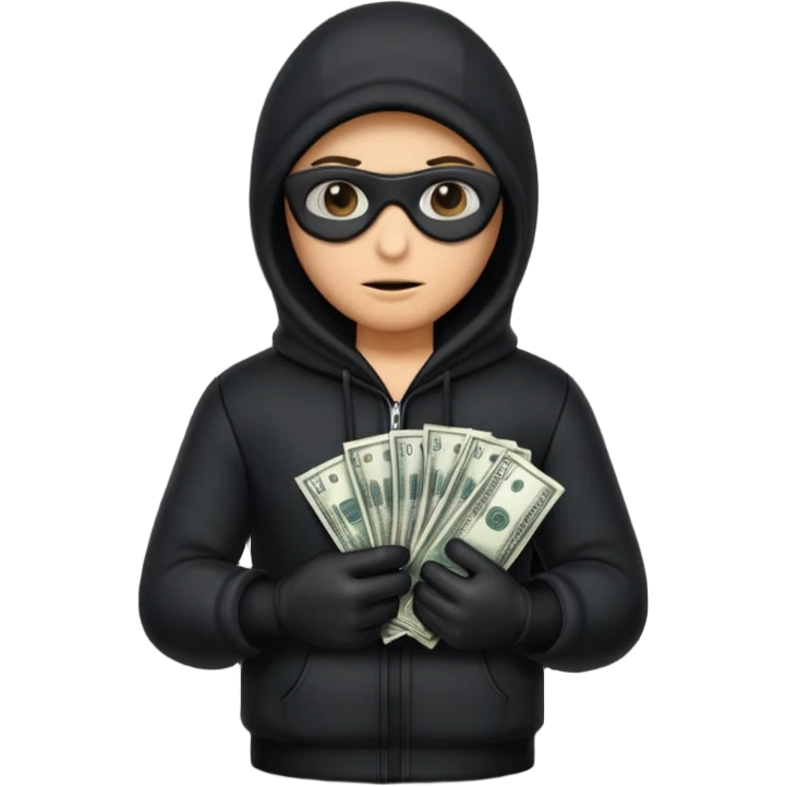 Robber with money na mão direita com uma blusa de frio preta  emoji