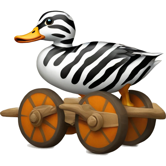 Duck with tiger stripes on wooden wheels like from the book janosh emoji