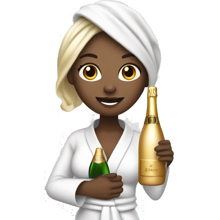 Girl with white towel wrapped around hair holding a champagne glass and bottle in black high heels  emoji