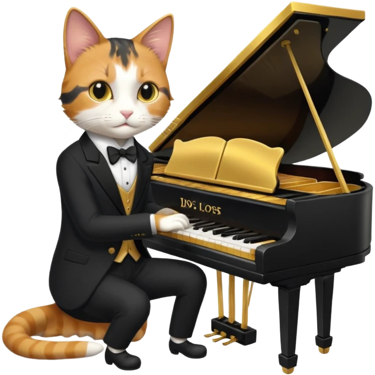 calico cat play gold piano, wear black suit, portrait emoji