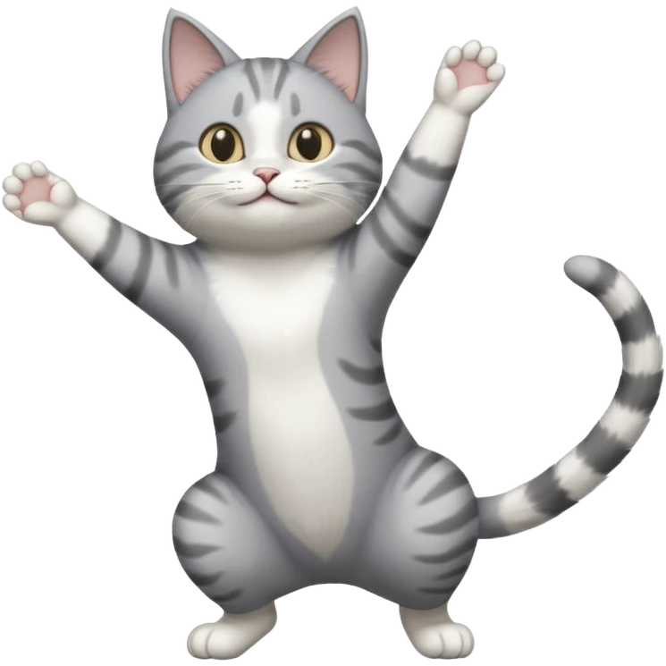 grey and white cat doing a big long stretch reaching up into the air with arms and legs side by side together emoji