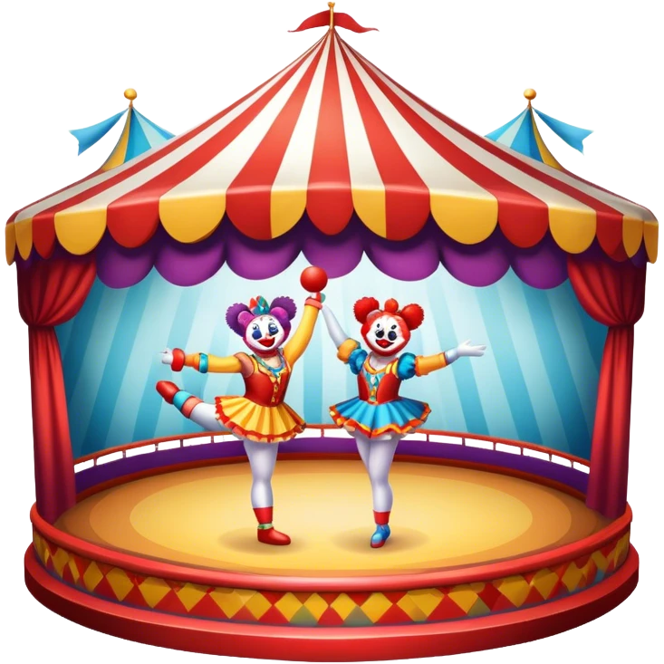 Icon for Circus Arts: a grand vibrant circus arena with girls acrobats, a clown, and performing bears. The icon should capture the excitement and energy of the circus, with colorful costumes and a lively atmosphere. Transparent background. emoji