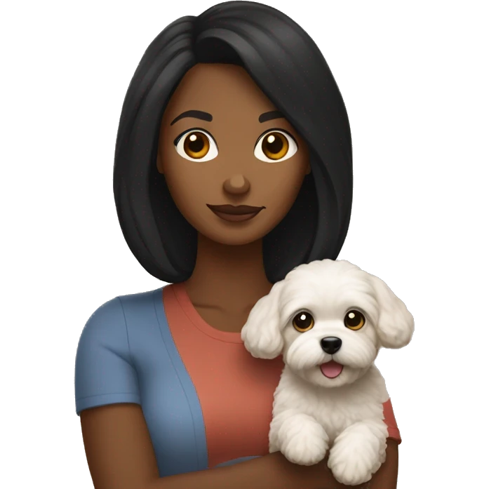 Brown skinned woman with black hair holding MaltiPoo dog emoji