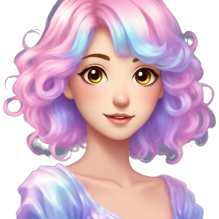 Gorgeous Beautiful Blushing Petite Colorful-Shiny-Pastel-Fairy-Soarkle-Anime-Lady with beautiful gradient pastel hair aesthetic emoji