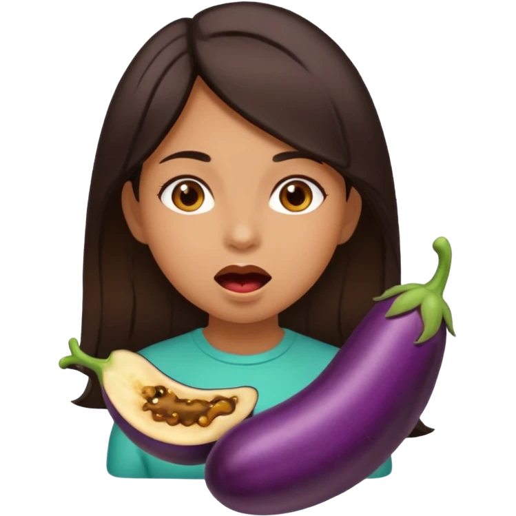 Girl tan skin dark hair Emoji with eggplant in mouth and drooling emoji