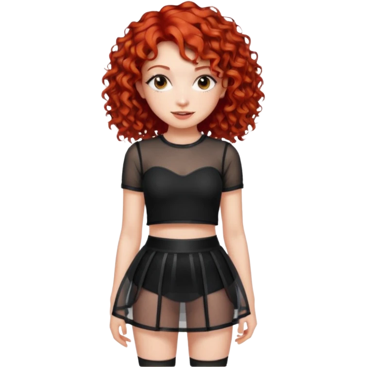Naked red curly haired girl with very large big boobs and cleavage.  Thin waist and wide sexy hips. Her boobs are naked but wearing a see-thru black mesh very short mini-skirt emoji