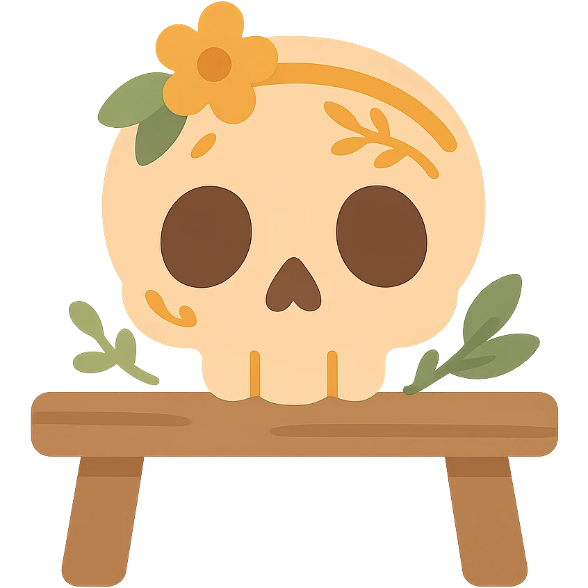 "A cute, whimsical skull resting gently on a wooden table, styled with a warm and soft color palette: golden orange (FA9B41), deep forest green (4A7C5C), muted taupe brown (96775A), and pastel peach (FFCC9A). The skull has rounded, friendly features and big, expressive eye sockets, giving it a sweet and non-threatening appearance. It is decorated with small floral or leafy patterns, and perhaps a tiny flower crown or ribbon in peach or green tones. The wooden table has a rustic charm, and the lighting is warm and magical, with gentle shadows and a cozy, storybook-like atmosphere. The overall scene feels enchanting, calm, and charming emoji