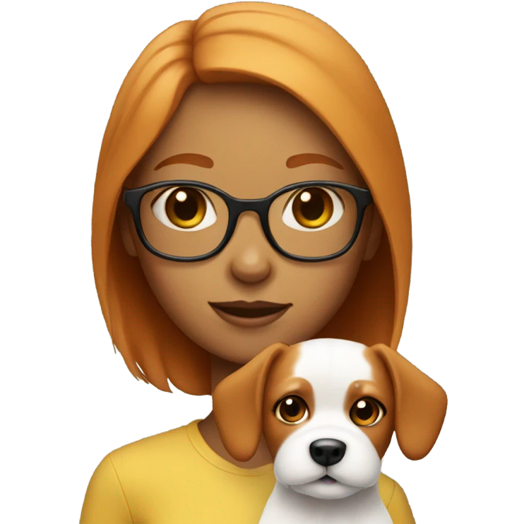 Tanned ginger girl with glasses holding small white dog  emoji